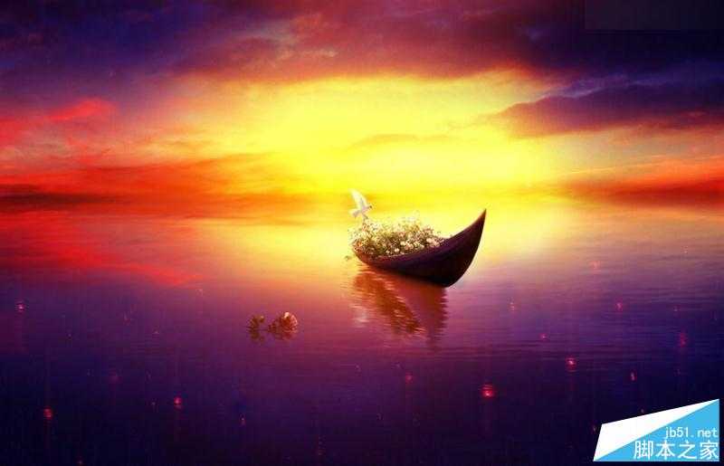 Photoshop合成梦幻风格湖载满鲜花的湖中小舟场景图